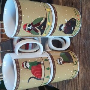 Vintage Sakura Holiday Christmas Cozy Cats Sweater Tree Star Cups Mugs, Set of 4